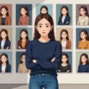 AI 圖像一致性封面圖，一位女性望向牆上九張風格不一的人像，呈現角色穩定與失真對比。