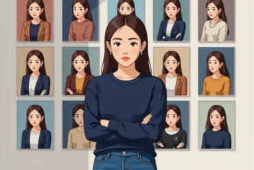 AI 圖像一致性封面圖，一位女性望向牆上九張風格不一的人像，呈現角色穩定與失真對比。