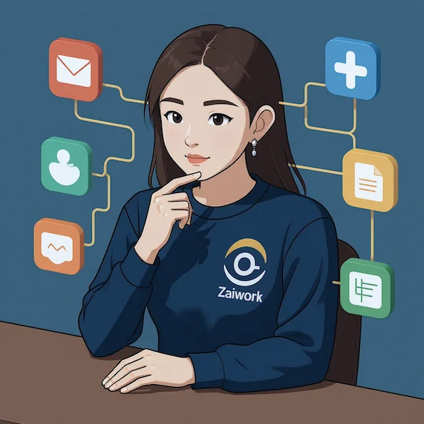 Zai 等距科技插圖，展示 AI 自動化串接多個應用，電商與社群行銷工作情境，Zaiwork 品牌主色。