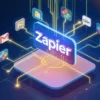 等距科技插圖,中央「Zapier」字樣發光,四周多個應用圖示由資料流串連,凸顯 AI 自動化網絡與品牌科技感。
