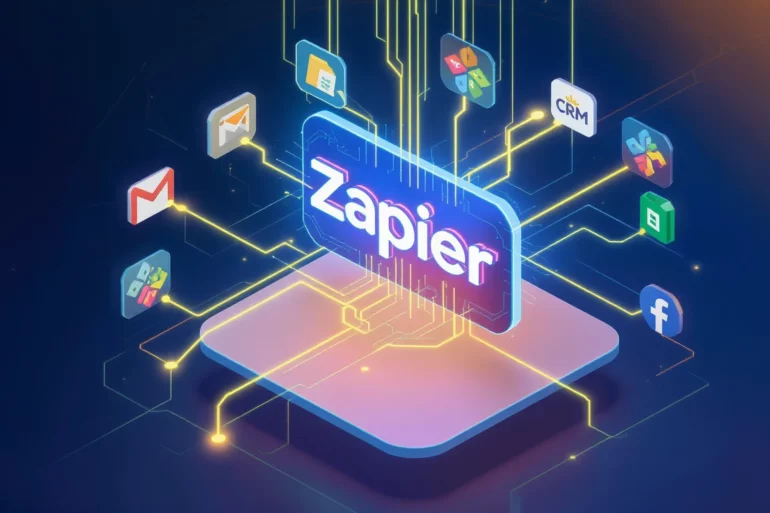 等距科技插圖，中央「Zapier」字樣發光，四周多個應用圖示由資料流串連，凸顯 AI 自動化網絡與品牌科技感。