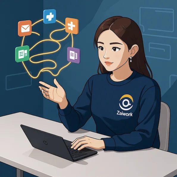 等距科技插圖，Zai 坐在現代白色 L 型書桌前，串連多款應用程式圖示，動態黃色資料流貫穿畫面，展現 AI 自動化工作情境與 Zaiwork 品牌色。