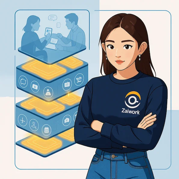 等距科技插圖，Zai 站在多層自動化與人機協作板前，強調 AI 處理基礎重複任務，人專注創意與決策，Zaiwork 品牌色。