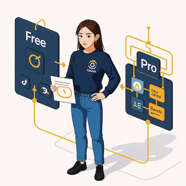 等距科技插圖，Zai 站在免費與付費方案選擇中間，桌面顯示簡單與複雜自動化流程，強調省時效益與方案差異，Zaiwork 品牌色。