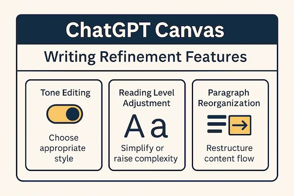 ChatGPT Canvas 功能對照圖，展示語氣控制、難度調整與段落潤飾能力