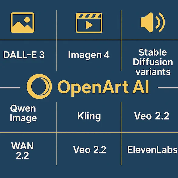 OpenArt AI 模型整合矩陣，涵蓋圖像、影片與聲音生成模型