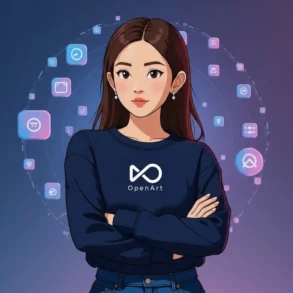 Z 站在光亮中央,注視發光的 OpenArt logo,其它抽象介面逐漸淡去,象徵 OpenArt 脫穎而出。