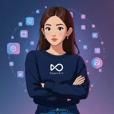 Z 站在光亮中央，注視發光的 OpenArt logo，其它抽象介面逐漸淡去，象徵 OpenArt 脫穎而出。