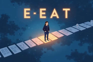 E-E-A-T，信任橋樑意境，四個字母融入AI內容時代的信任主題插圖