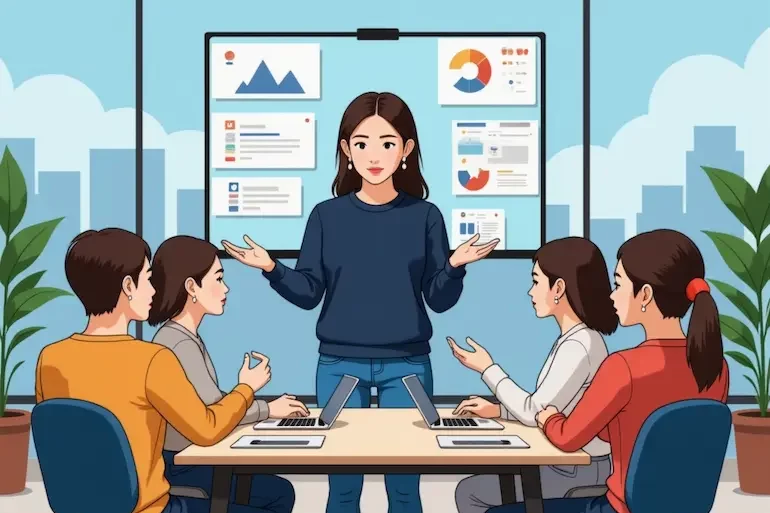 AI 會議助理場景插圖，展示 fireflies-ai 團隊會議與自動生成摘要與任務的畫面