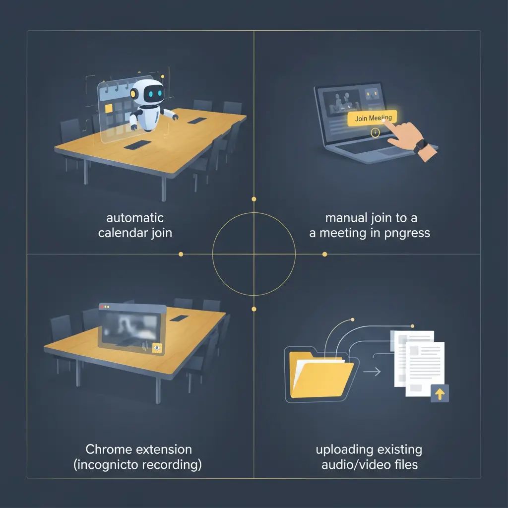 Fireflies.ai 四種會議參與模式情境圖:自動加入、手動加入、隱身錄製、檔案上傳