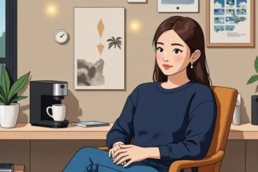 IFTTT 2025 應用封面圖，女性放鬆喝咖啡時，智慧家電與工作任務自動運行