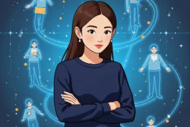 Z 在數位工作空間中心，清楚指引多條藍色與橘色數據流，連接多個數位分身，展現 make.com 教學下智能協作與數據流動的視覺化場景