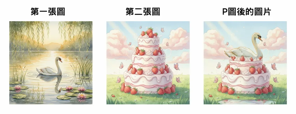 使用 Gemini 2.5 Flash Image (nano banana ) 多圖合成：一個巨大的蛋糕上，長出了一隻優雅的天鵝