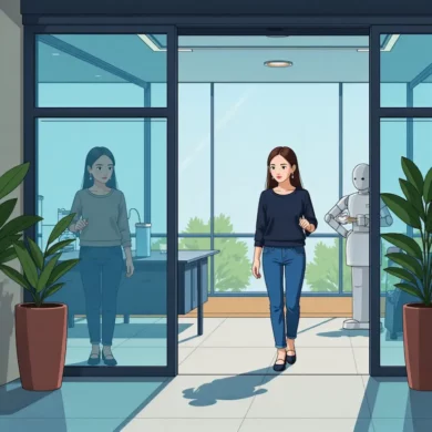 AI 自動化辦公場景，人物行走間多項工作與環境細節自動運作，展現智慧科技無形提升生活與效率