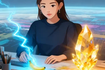 Z 坐在創意桌前，背景以光能流動象徵 Nano Banana 的速度與 Seedream 4.0 的高畫質意象，抽象對比呈現