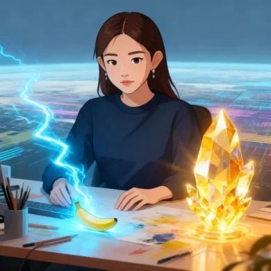 Z 坐在創意桌前，背景以光能流動象徵 Nano Banana 的速度與 Seedream 4.0 的高畫質意象，抽象對比呈現