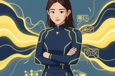 ElevenLabs ，Z 站在聲音波浪前，象徵 AI 聲音跨越創作、遊戲與服務