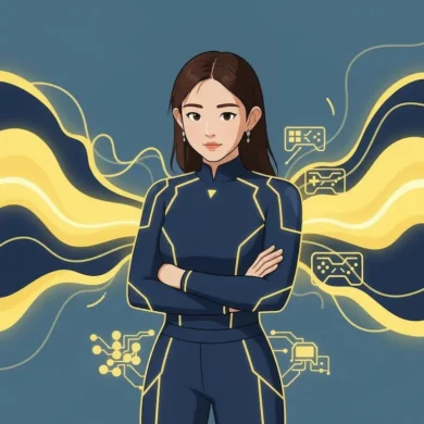 ElevenLabs ，Z 站在聲音波浪前，象徵 AI 聲音跨越創作、遊戲與服務