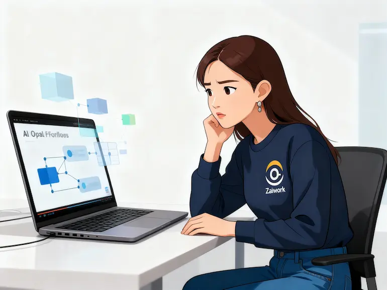 Google Opal 教學理解場景插圖，Z 觀看工具流程卻思考其真正價值。