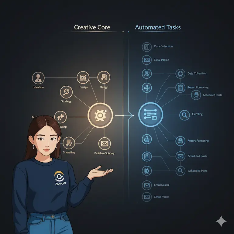 Google Opal 在自由工作者 workflow 中的位置，Z 將創意與自動化分區示意圖。