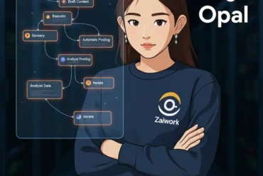 Google Opal 可視化工作流的示意圖，Z 站在 AI 介面前分析流程。