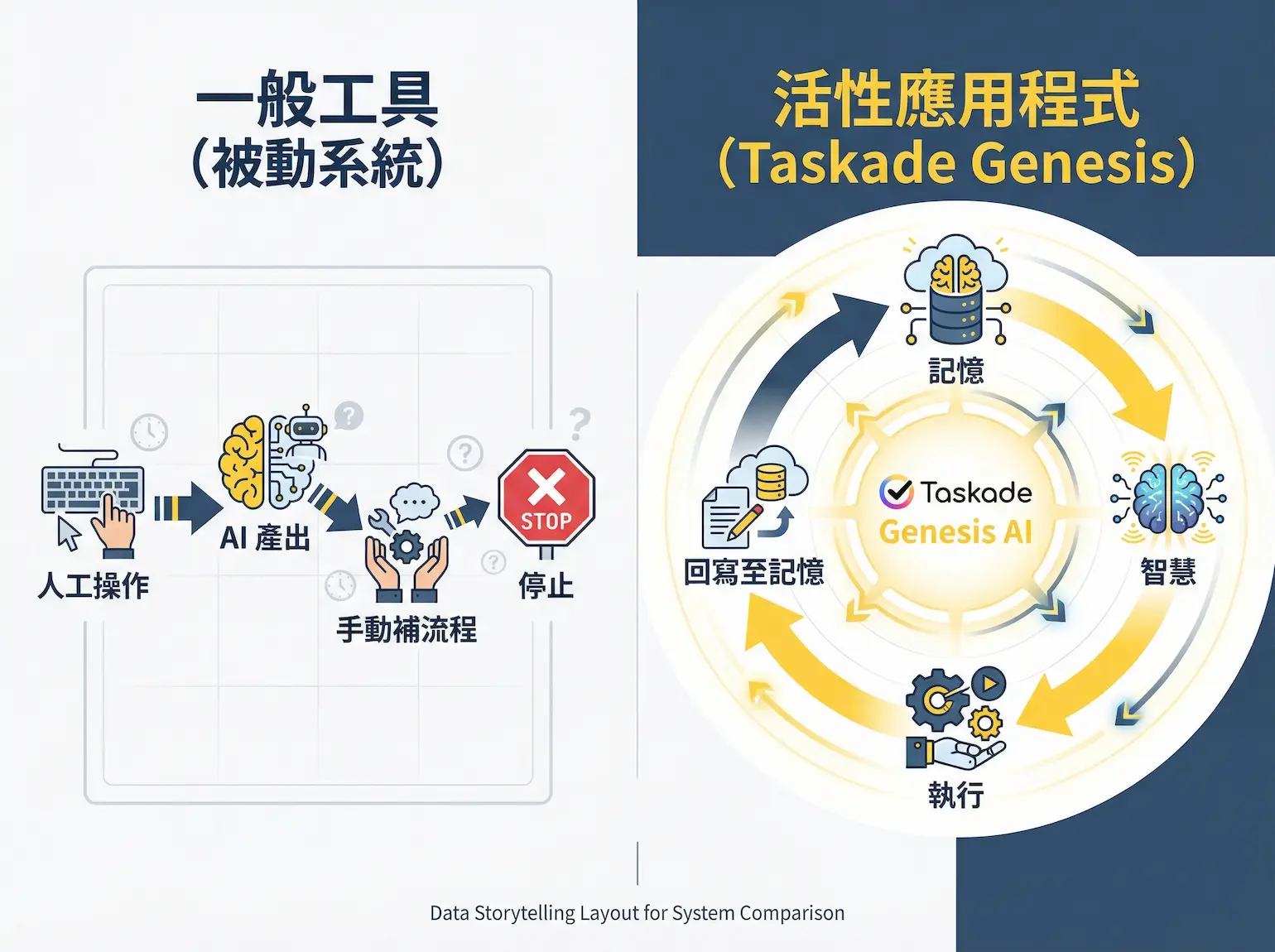 活性應用程式與一般工具差異圖，對比 Taskade Genesis 的記憶、智慧、執行回寫循環與傳統被動系統流程
