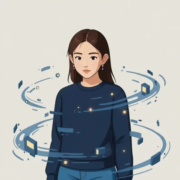 Taskade Genesis 活性應用程式意境封面圖,Z 站在持續演化的流程環境中,象徵工作系統的自我成長與共存關係