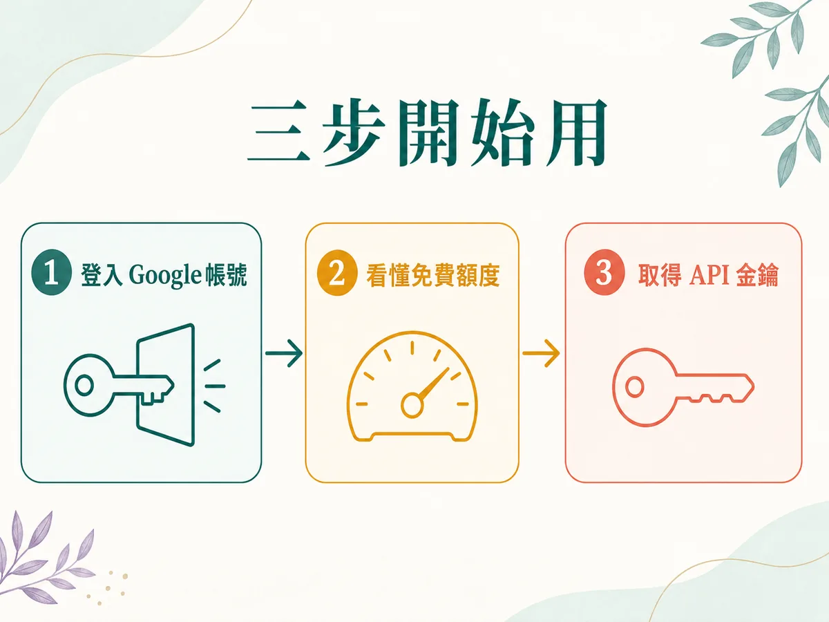 三步開始用：登入 Google 帳號、看懂免費額度、取得 API 金鑰