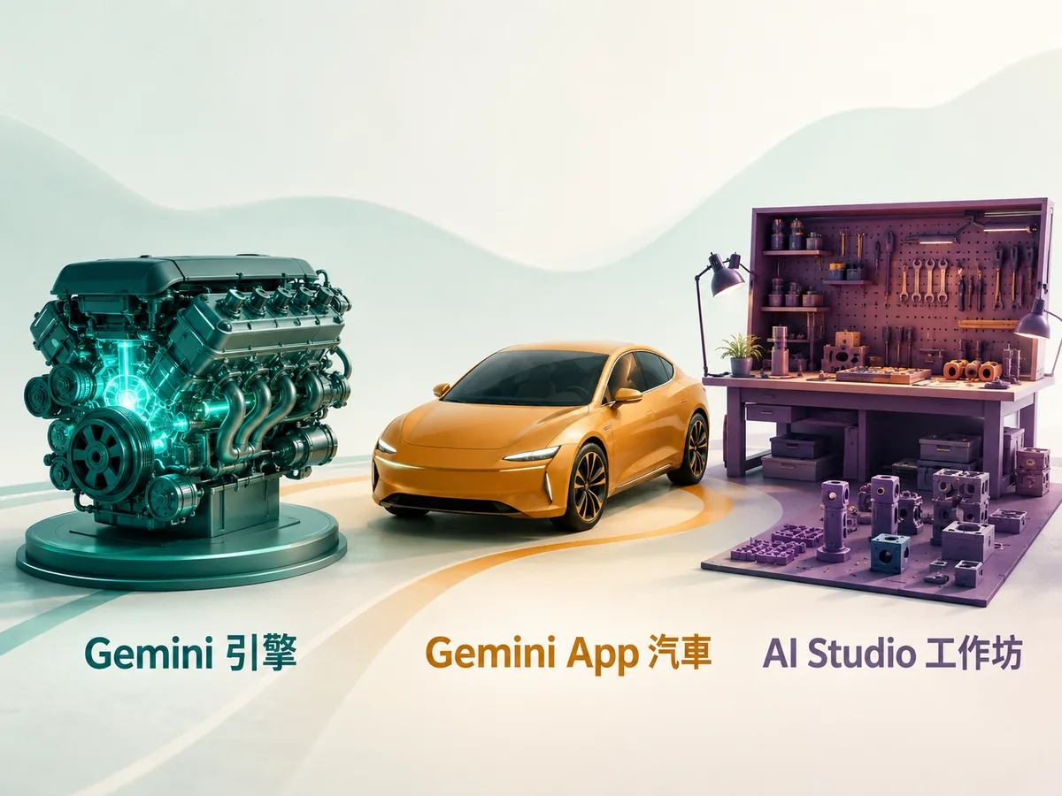 引擎汽車工作坊比喻：Gemini 引擎、Gemini App 汽車、AI Studio 工作坊