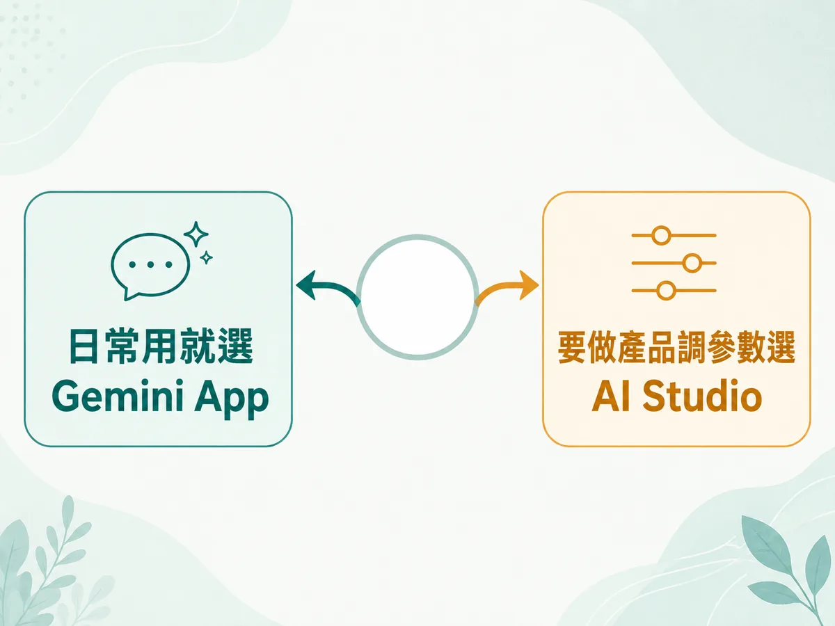 決策圖：日常用選 Gemini App，要做產品調參數選 AI Studio