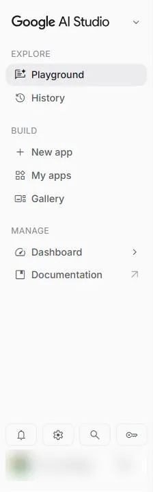 Google AI Studio 左側欄：Playground、History、New app、My apps、Gallery、Dashboard 與底部工具