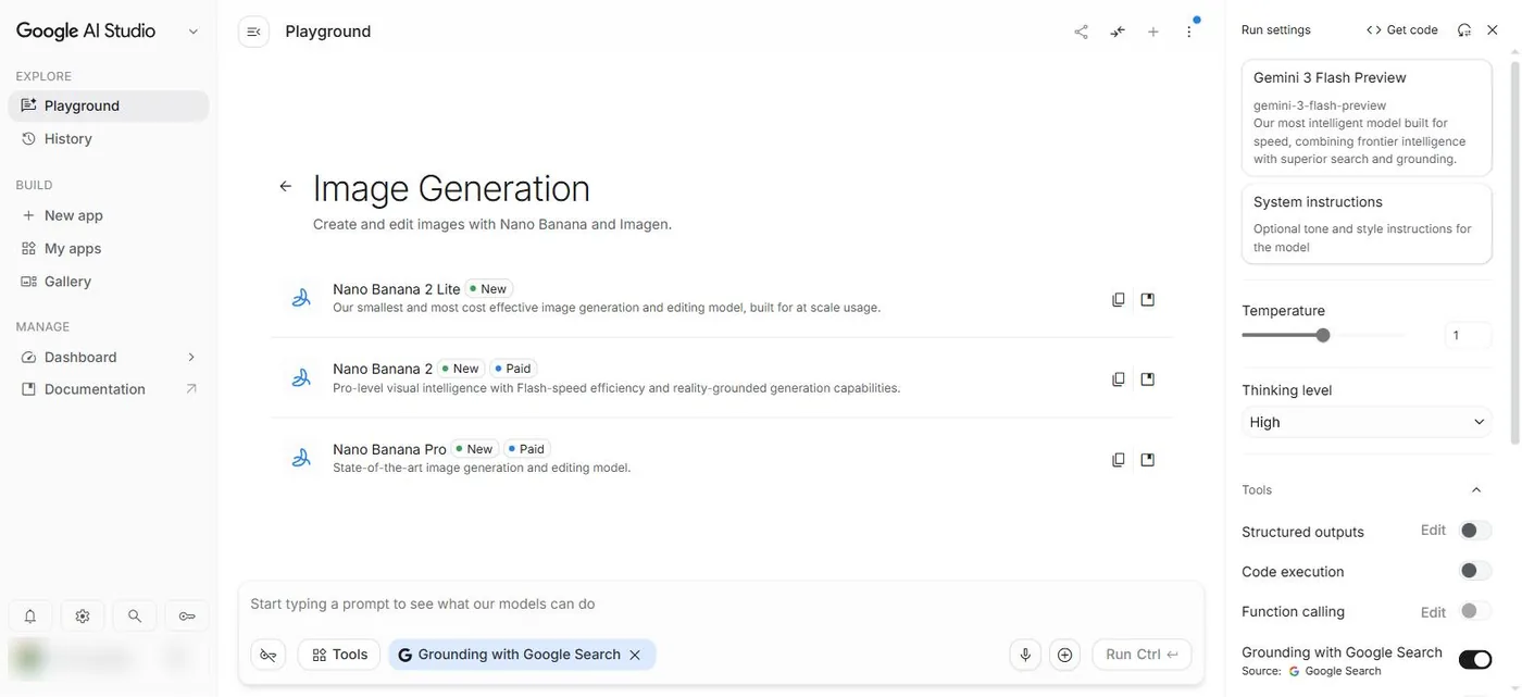 Google AI Studio Image Generation 子頁：Nano Banana 2 Lite 免費、Nano Banana 2 與 Pro 付費