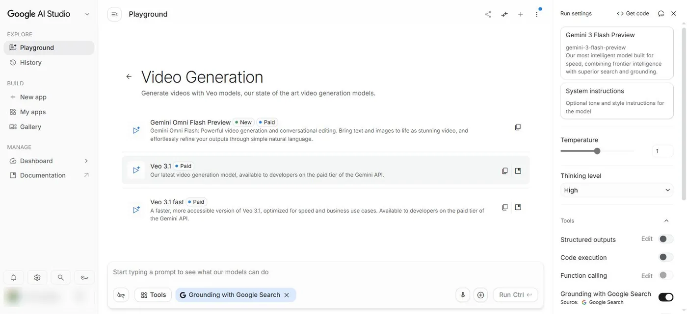Google AI Studio Video Generation 子頁：Gemini Omni Flash、Veo 3.1、Veo 3.1 fast 模型清單