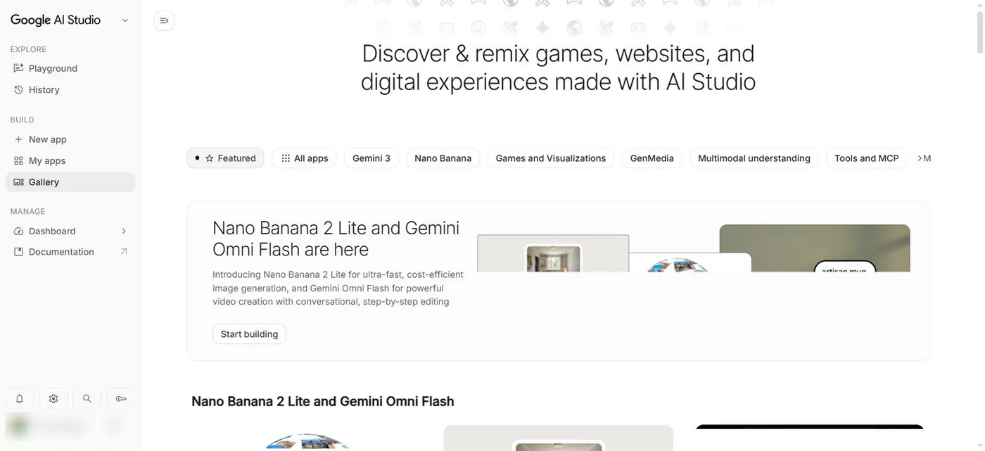 Google AI Studio Build Gallery：Discover and remix 範例應用展示與分類篩選