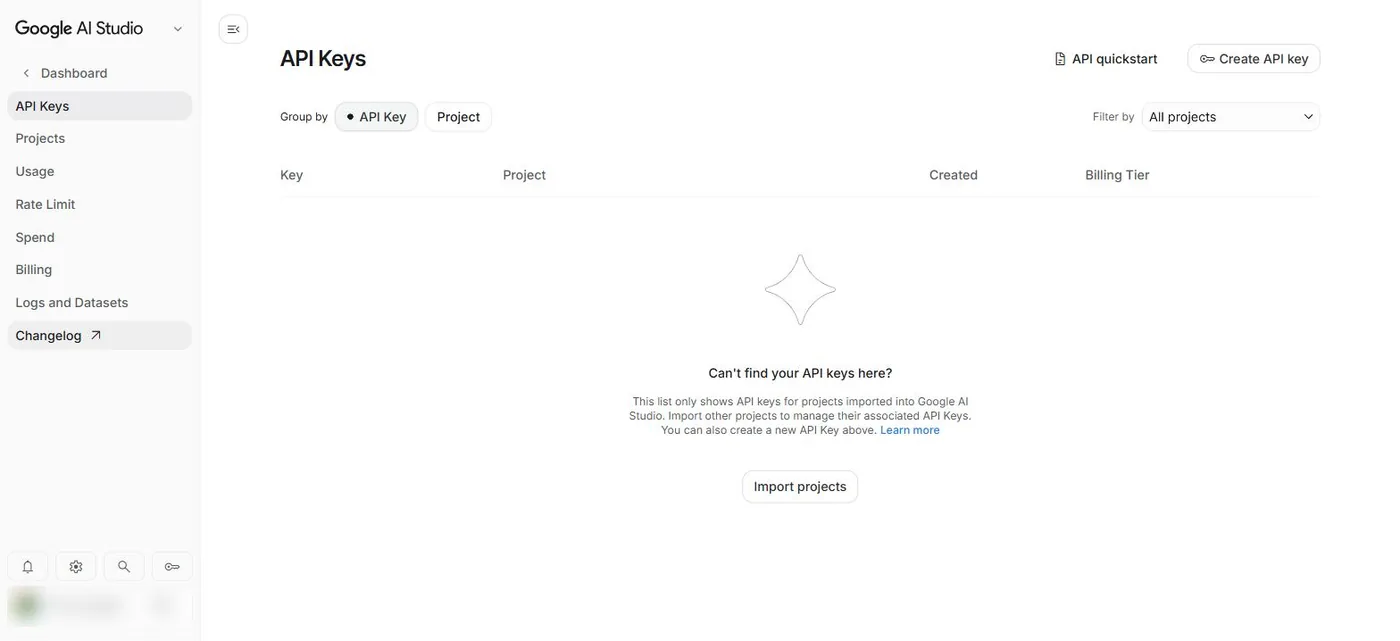 Google AI Studio Dashboard 的 API Keys 頁：建立 API 金鑰與 Usage、Billing 等子選單