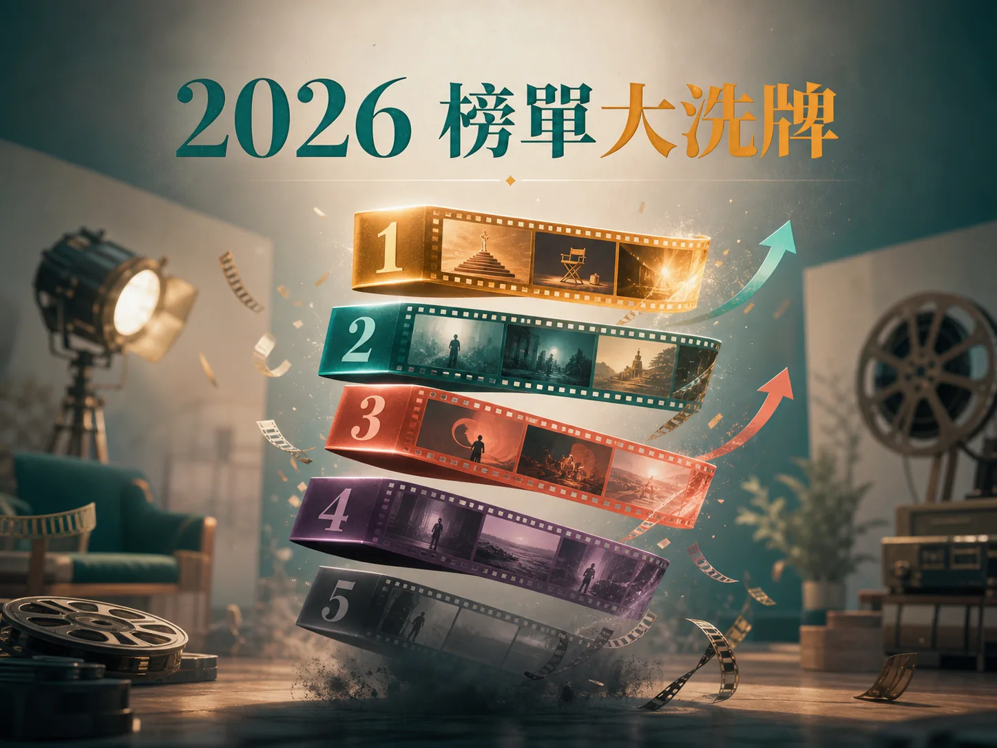 五段彩色影格階梯在半空重新排列，象徵 2026 AI 影片工具榜單大洗牌