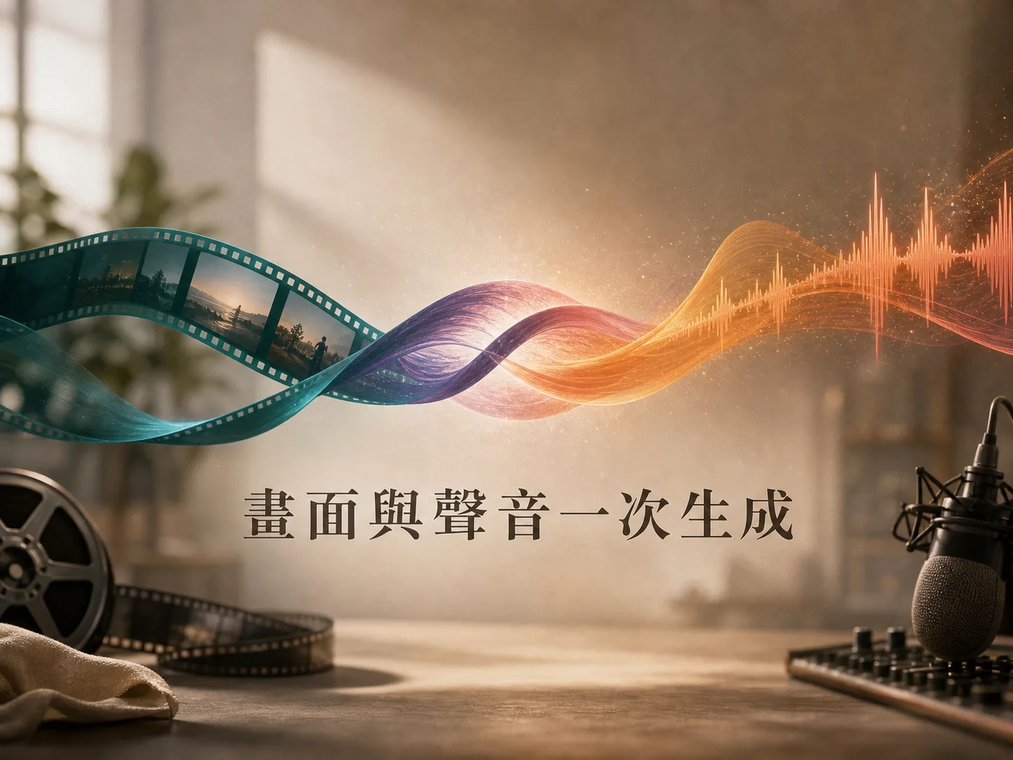影格絲帶與聲波交纏成一股光束，象徵 Veo 3.1 畫面與聲音一次生成