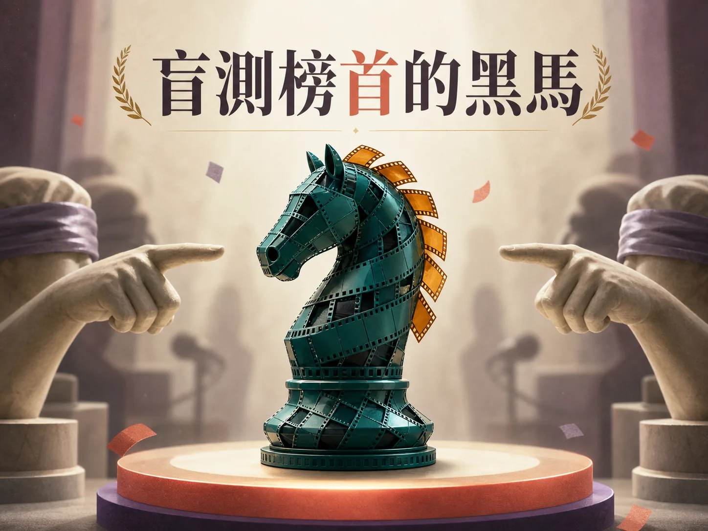 影格膠卷編織成的黑馬騎士立於聚光燈下，蒙眼評審指向它，象徵 Seedance 2.0 盲測榜首