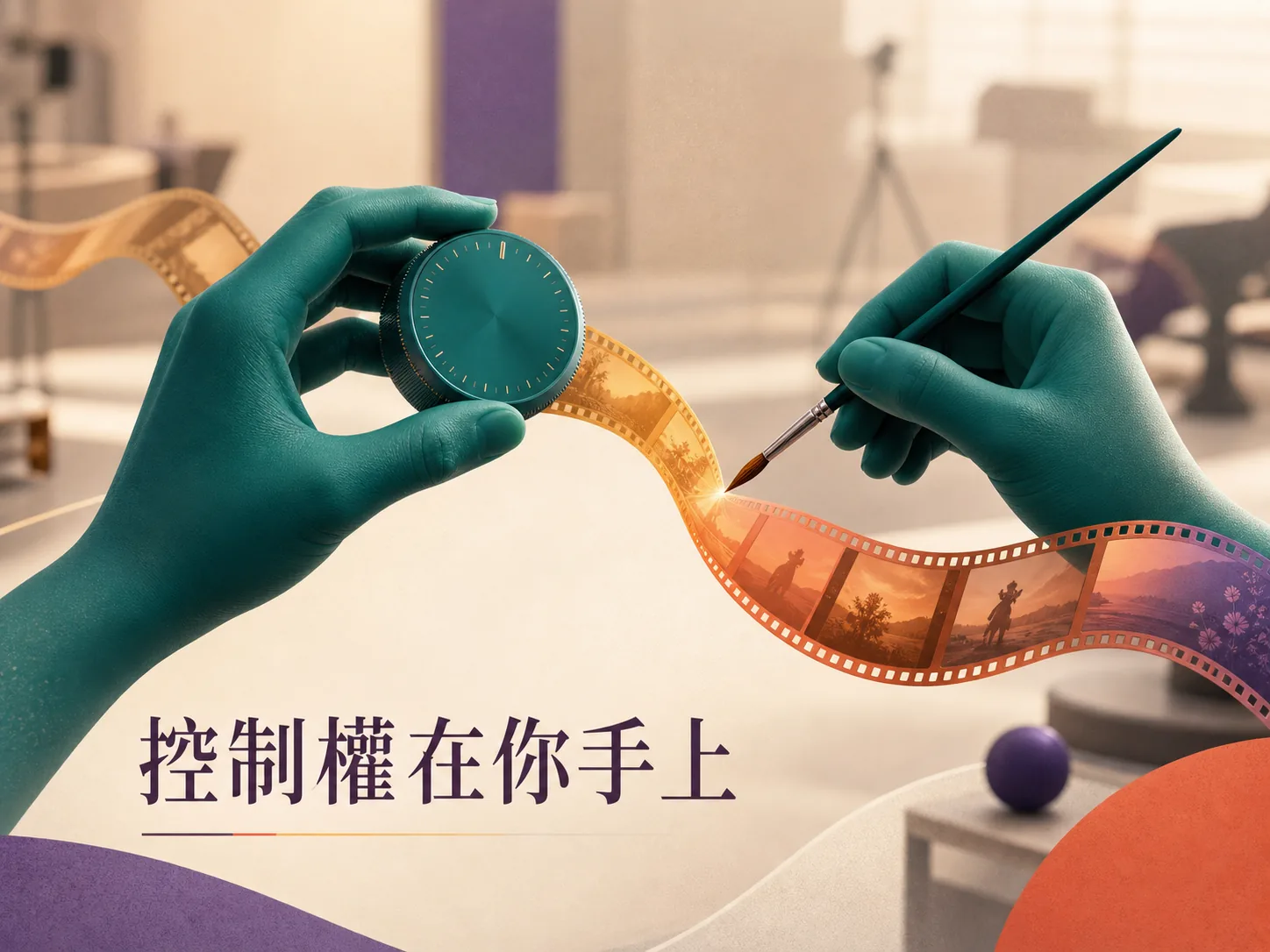 雙手握導演旋鈕與畫筆精準控制流動的影格絲帶，象徵 Runway 的創作控制權