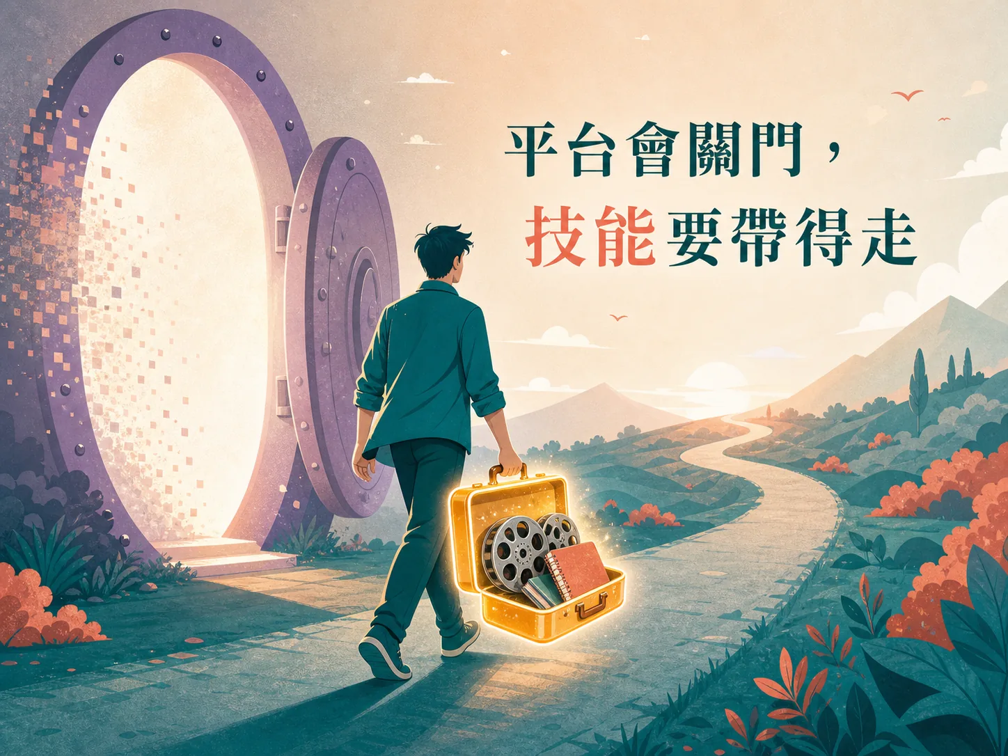 創作者提著裝滿膠卷的發光手提箱走離淡去的巨門，象徵平台會關門、技能要帶得走