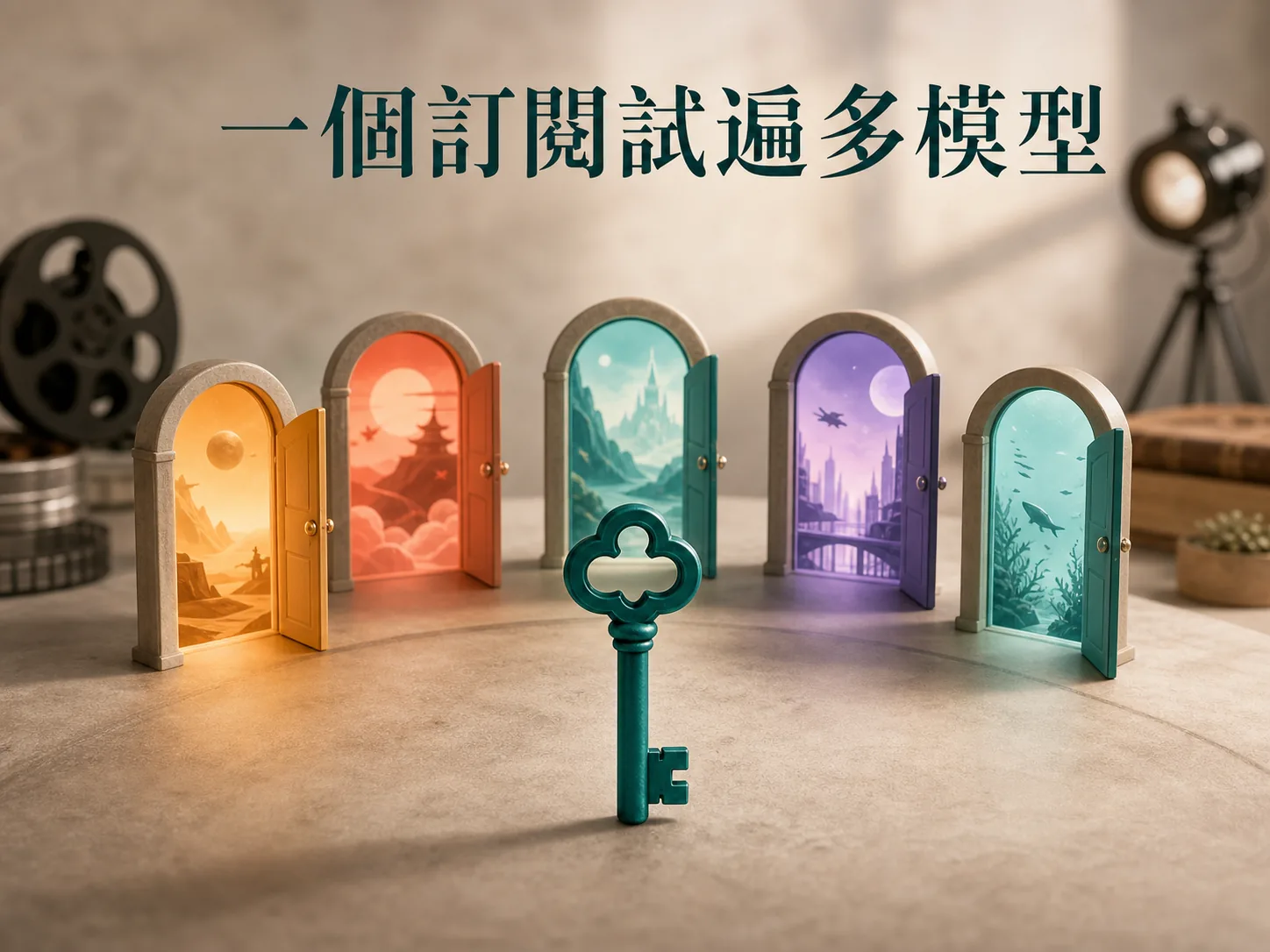 一把墨綠鑰匙與五扇透出不同場景的小門，象徵一個訂閱試遍多個影片模型
