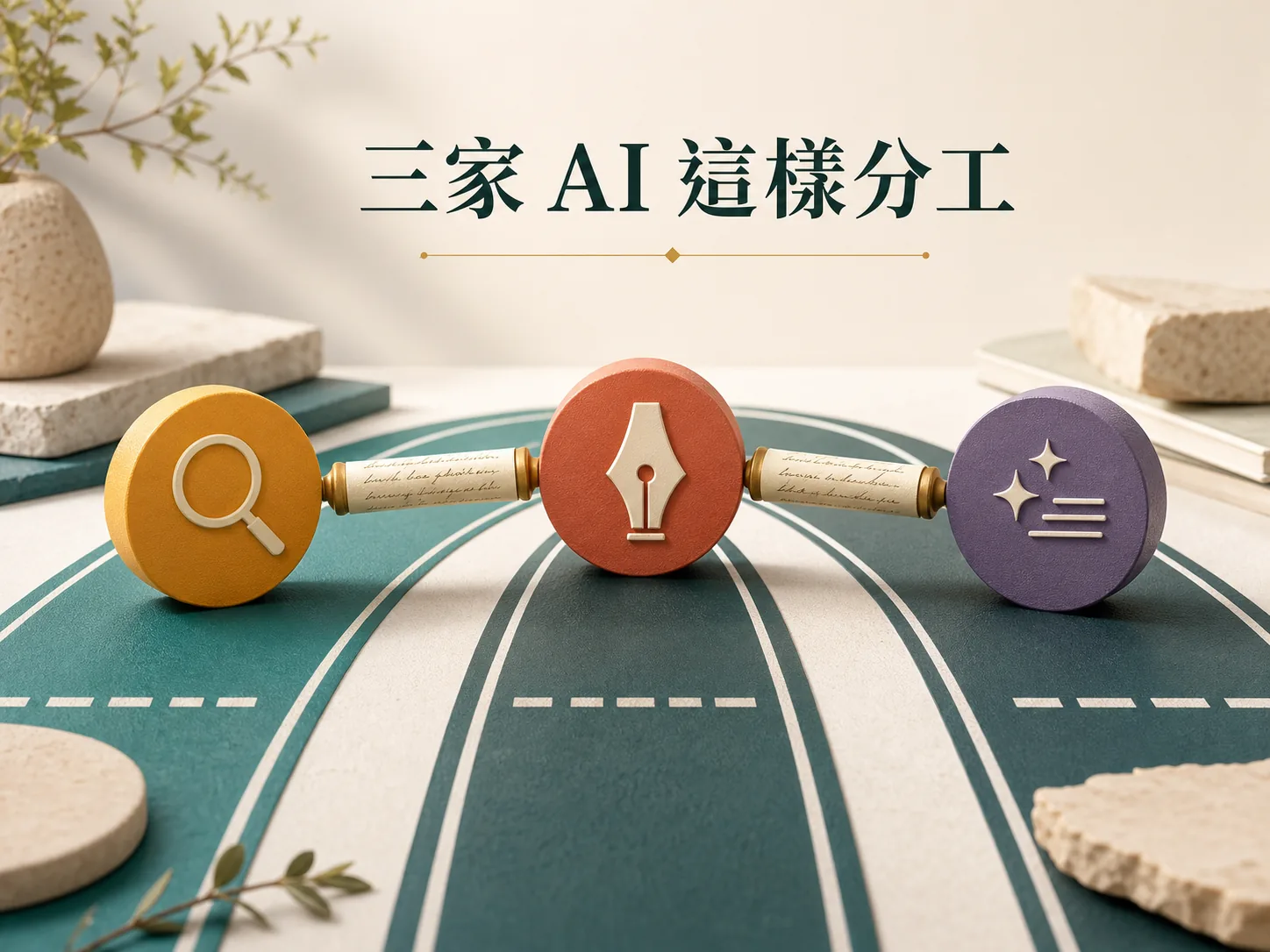 Gemini ChatGPT Claude 分工概念圖，圖中文字：三家 AI 這樣分工