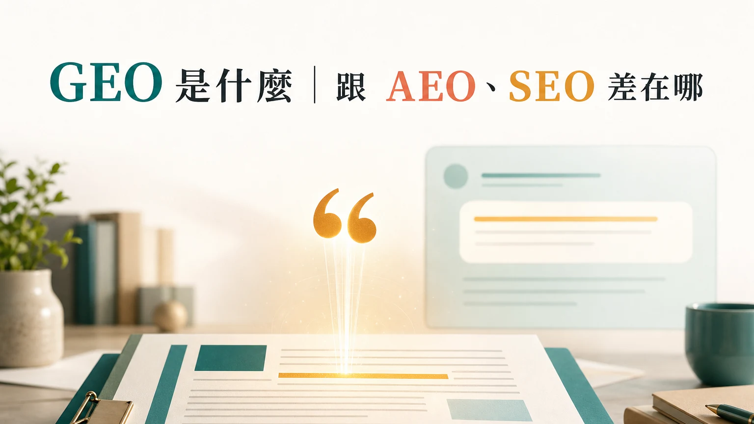 GEO 是什麼 概念封面，AI 從結構化內容裡抽出一句當答案