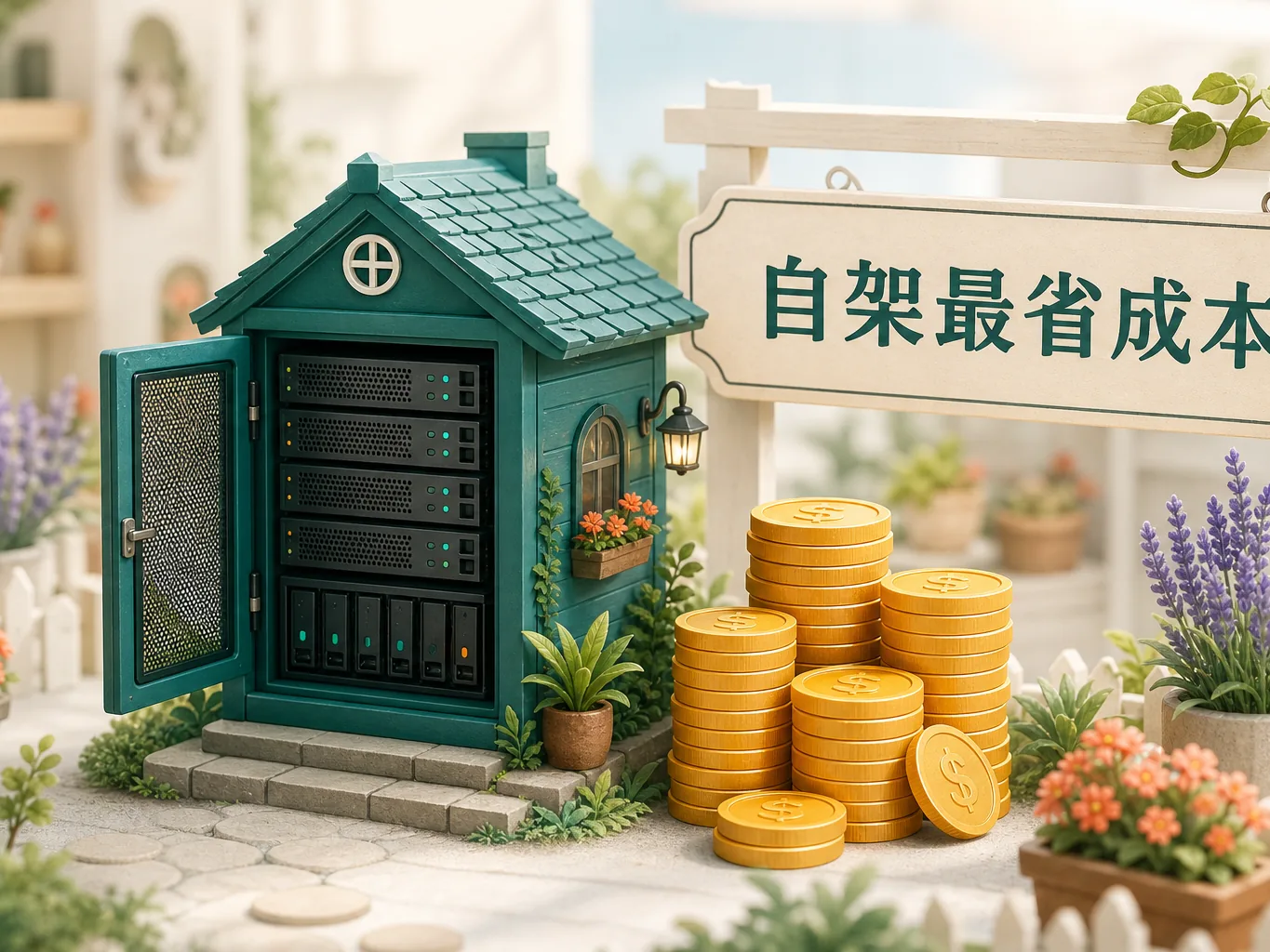 n8n 自架省成本概念圖，圖中文字：自架最省成本