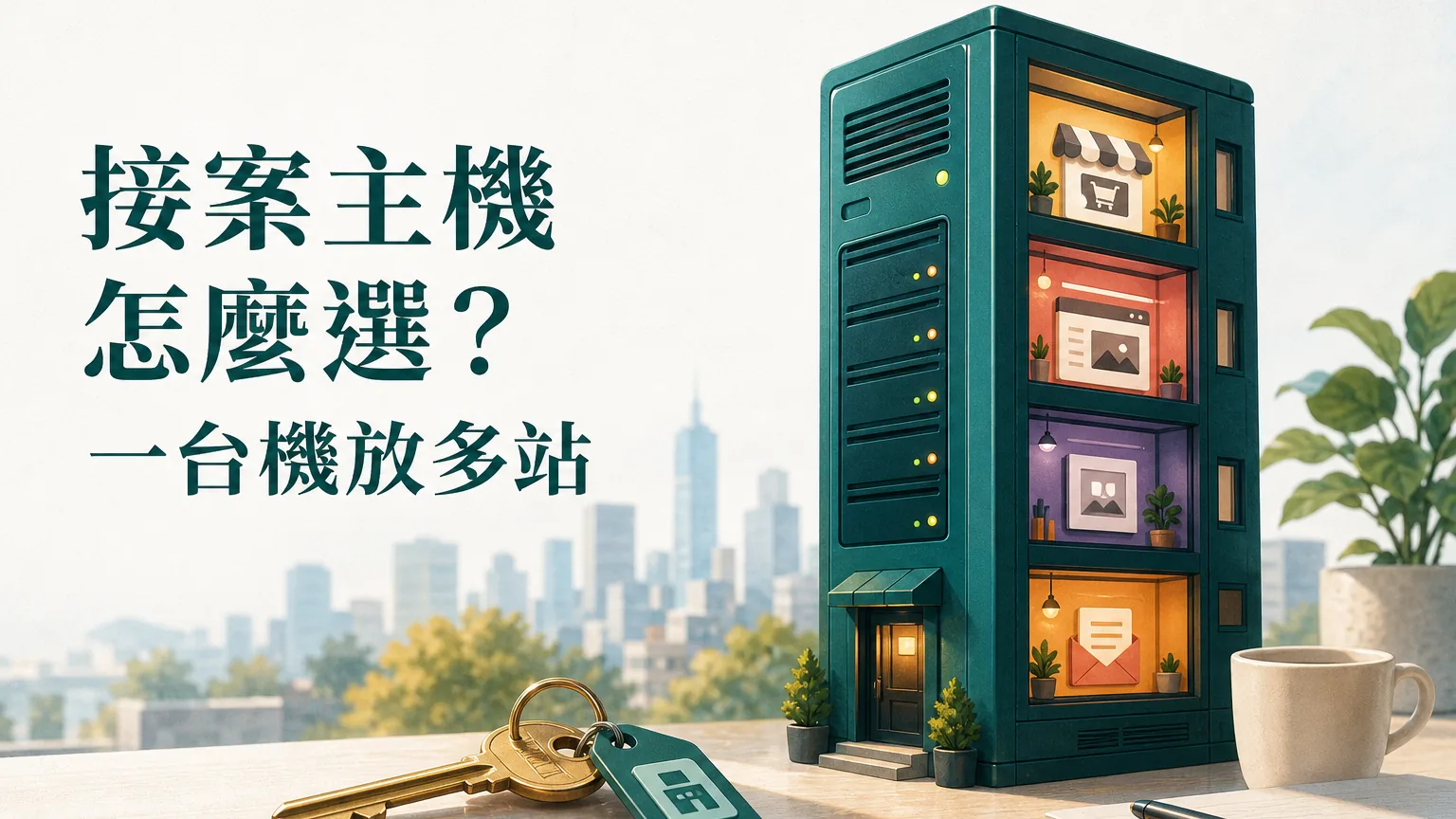 接案主機怎麼選？一台機放多站：一座伺服器塔化作多戶點燈建築的概念插畫，圖片文字「接案主機怎麼選？一台機放多站」