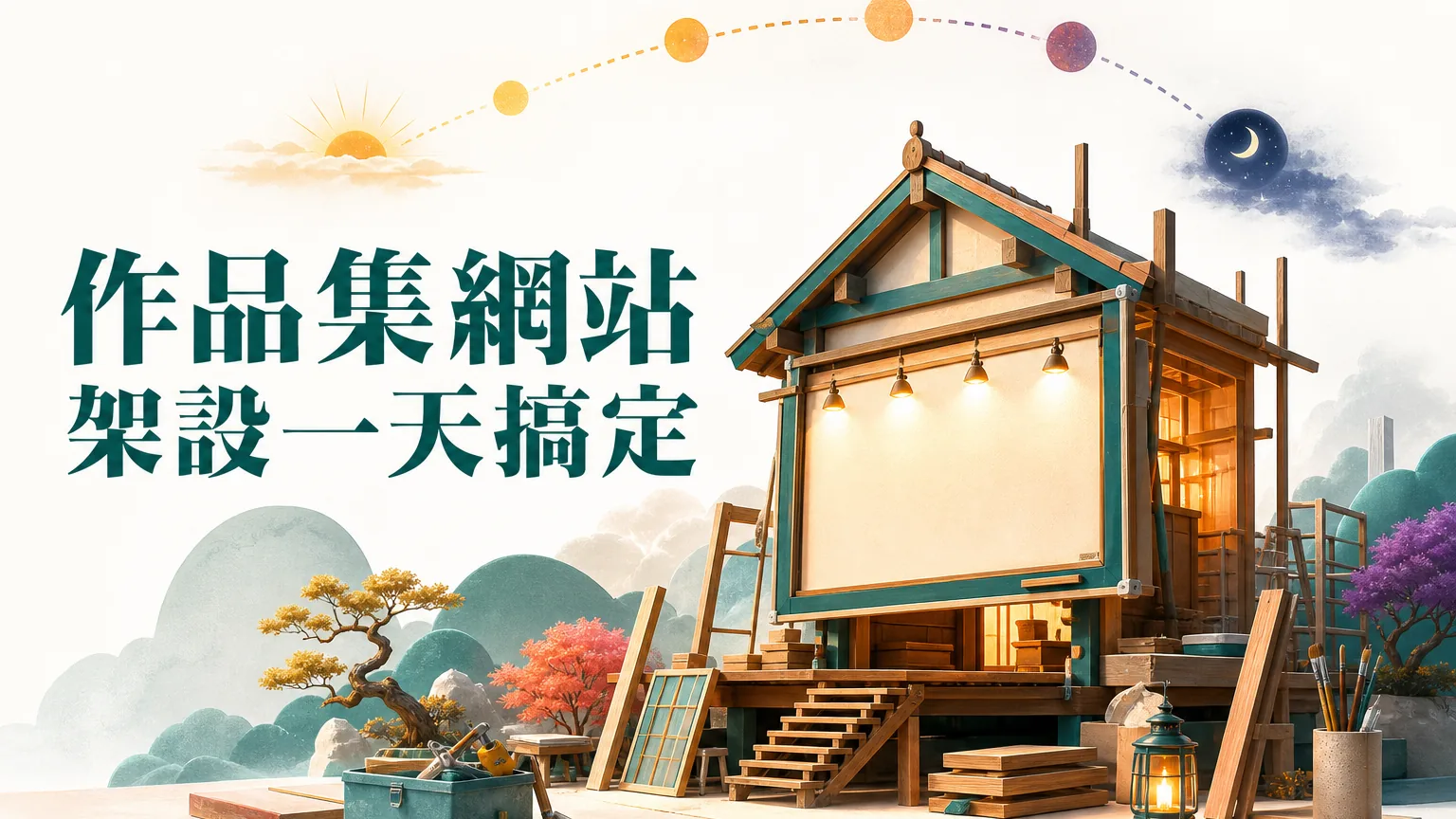 作品集網站架設一天搞定：接案者一天上線作品集網站的封面概念插畫，畫面文字「作品集網站架設一天搞定」