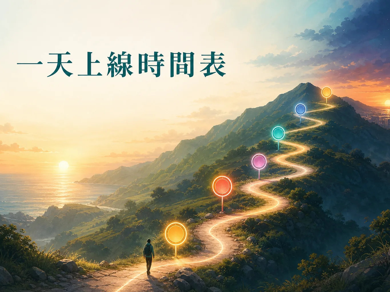 一天架好作品集網站的時間軸概念圖:從日出到日落的路徑與六個節點,畫面文字「一天上線時間表」