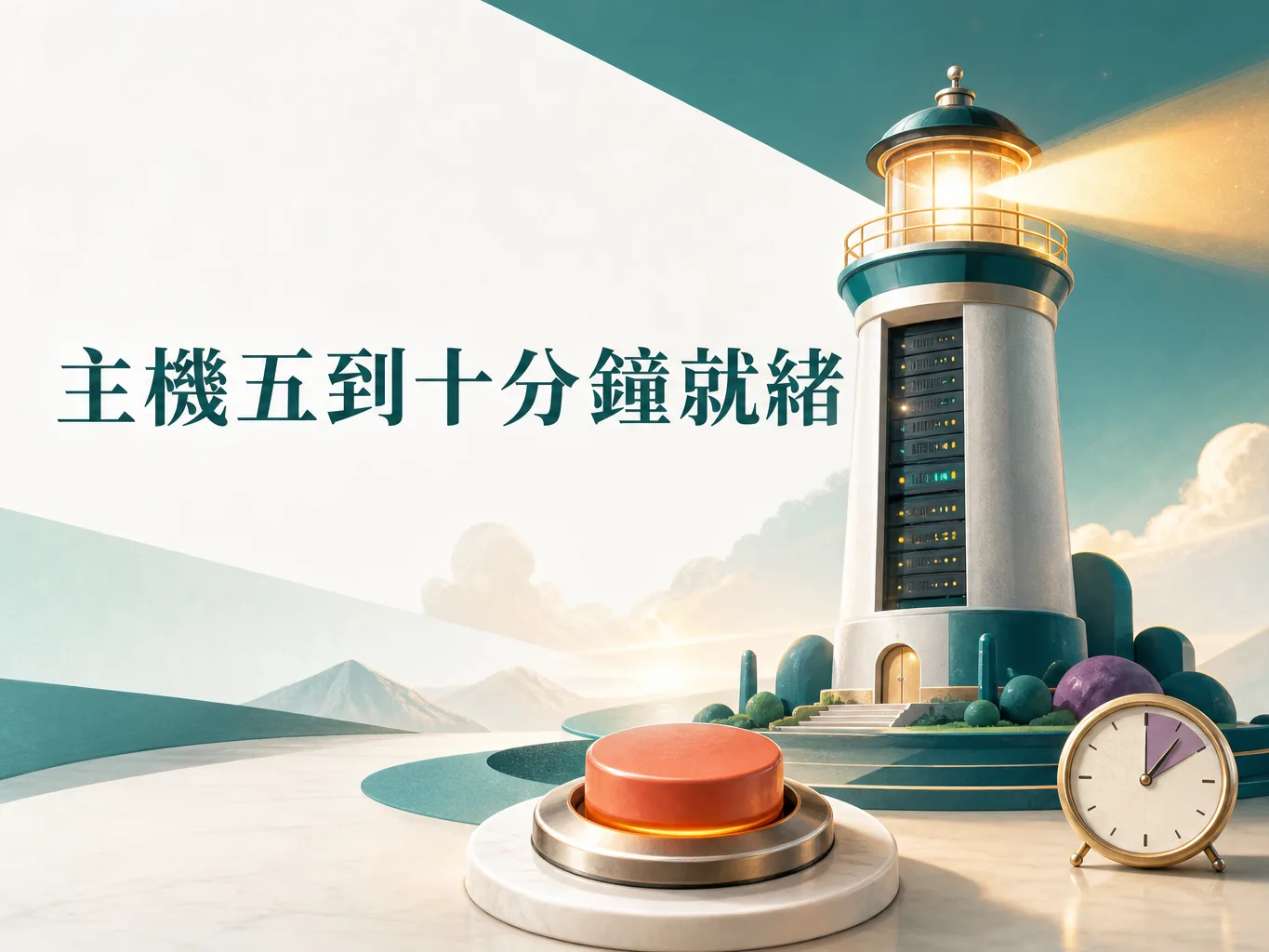 Cloudways 開主機概念圖:一鍵升起的伺服器燈塔與時鐘,畫面文字「主機五到十分鐘就緒」