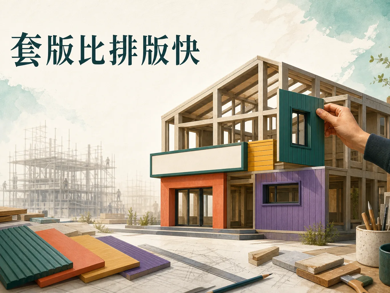 GeneratePress 起始站概念圖:現成骨架的房子換上自己的外牆與招牌,畫面文字「套版比排版快」